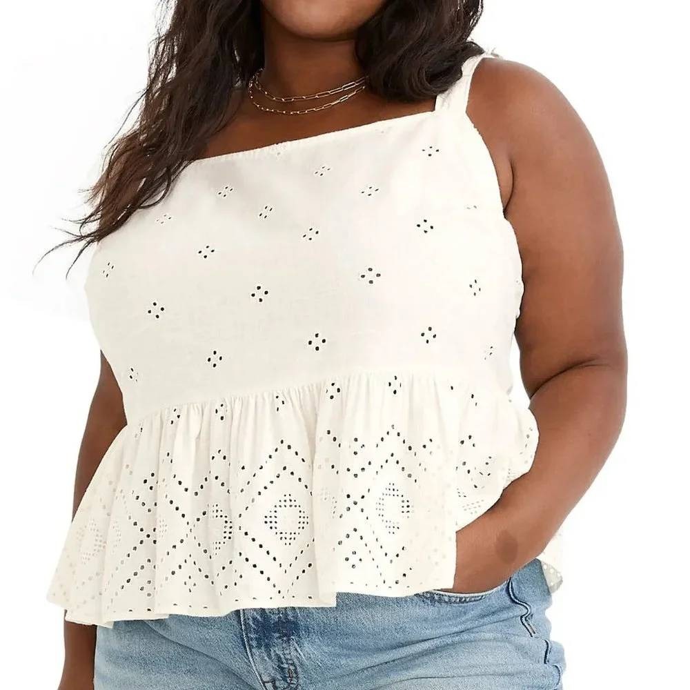 Madewell Rosalie Tie Strap Top Women XL White Geo Eyelet Cropped Fit Peplum Chic